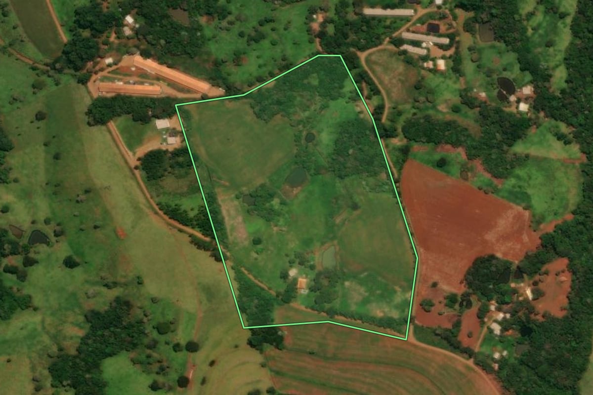 Imagem de satélite do imóvel rural em Guaraniaçu (PR), com o contorno declarado no CAR desenhado por cima.