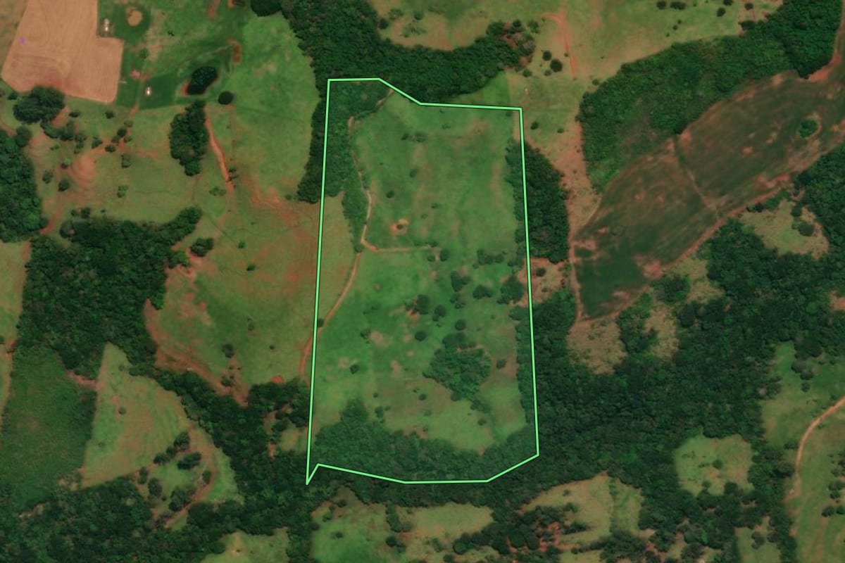 Imagem de satélite do imóvel rural em Guaraniaçu (PR), com o contorno declarado no CAR desenhado por cima.