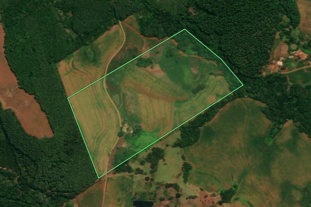 Imagem de satélite do imóvel rural em Guaraniaçu (PR), com o contorno declarado no CAR desenhado por cima.