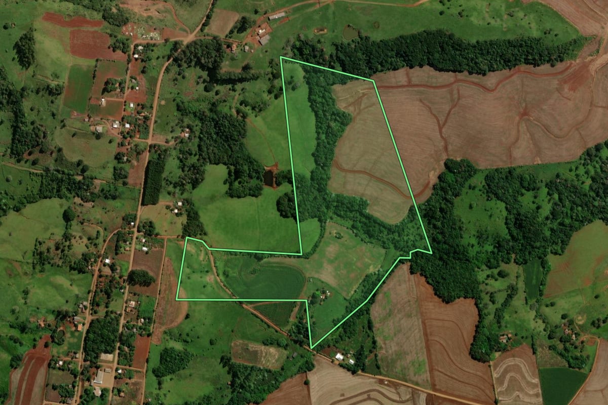Imagem de satélite do imóvel rural em Guaraniaçu (PR), com o contorno declarado no CAR desenhado por cima.
