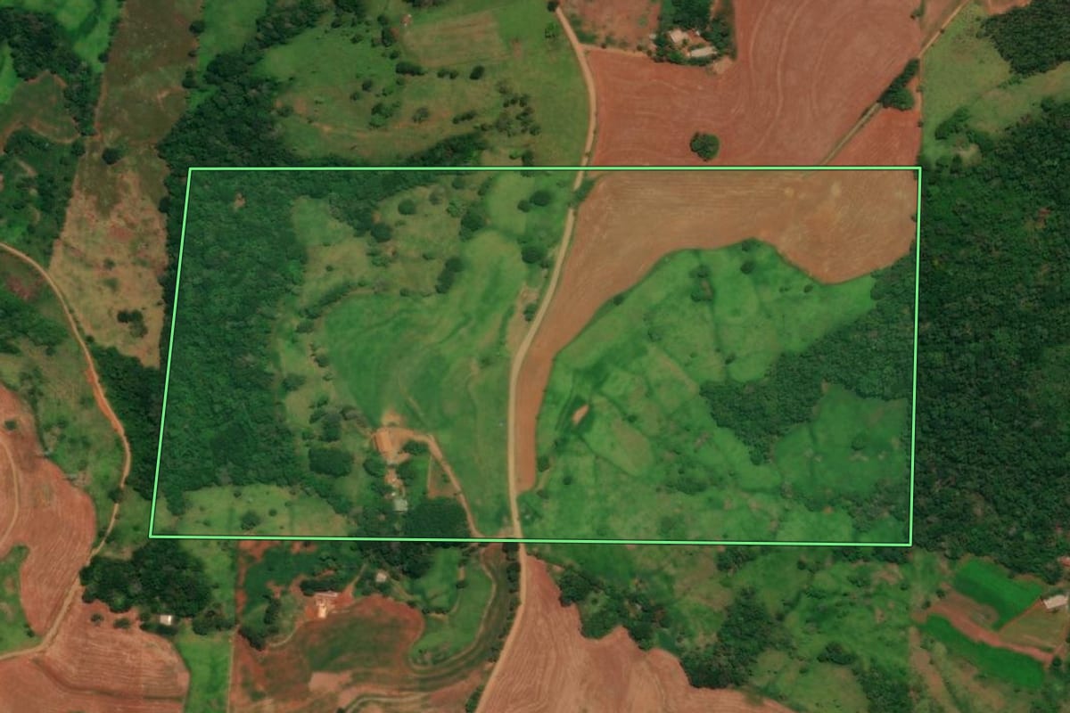Imagem de satélite do imóvel rural em Guaraniaçu (PR), com o contorno declarado no CAR desenhado por cima.