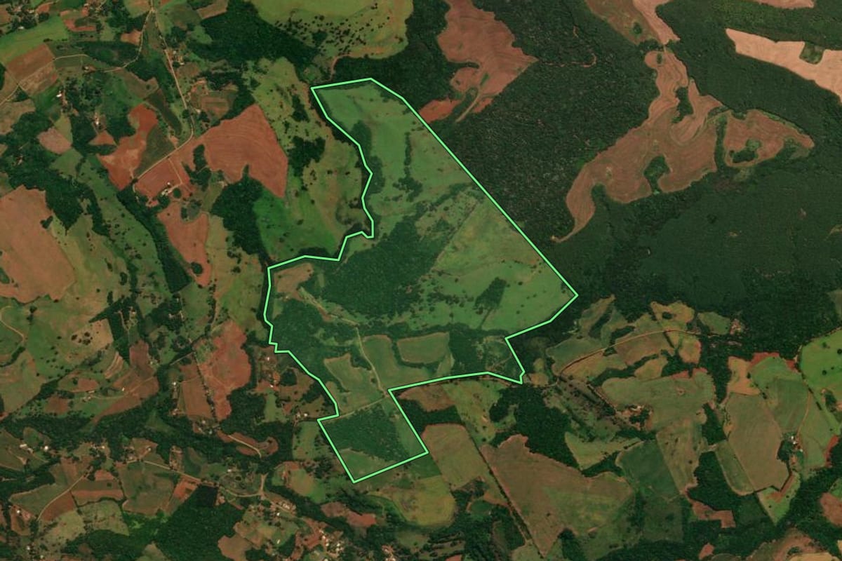 Imagem de satélite do imóvel rural em Guaraniaçu (PR), com o contorno declarado no CAR desenhado por cima.
