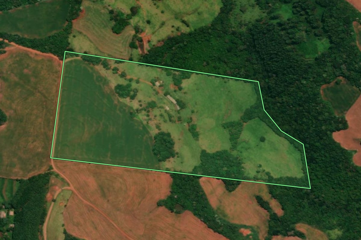 Imagem de satélite do imóvel rural em Guaraniaçu (PR), com o contorno declarado no CAR desenhado por cima.