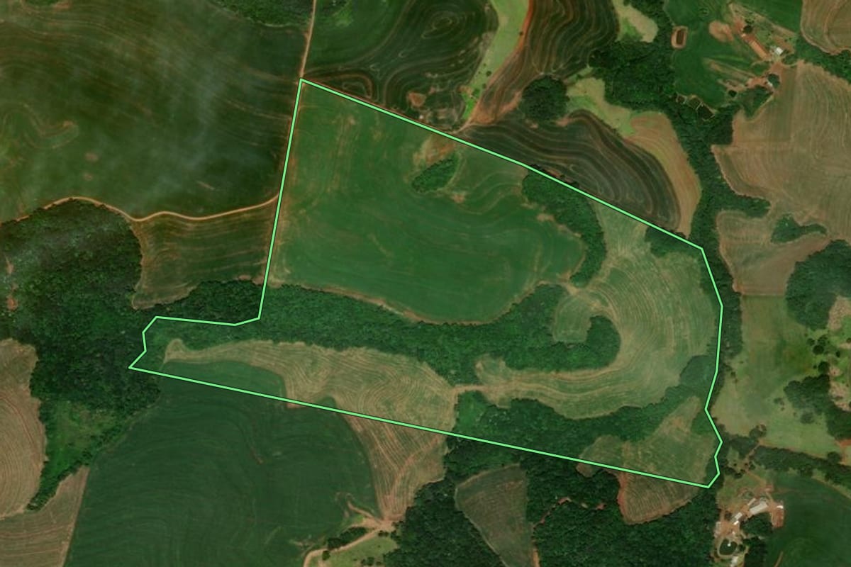 Imagem de satélite do imóvel rural em Guaraniaçu (PR), com o contorno declarado no CAR desenhado por cima.