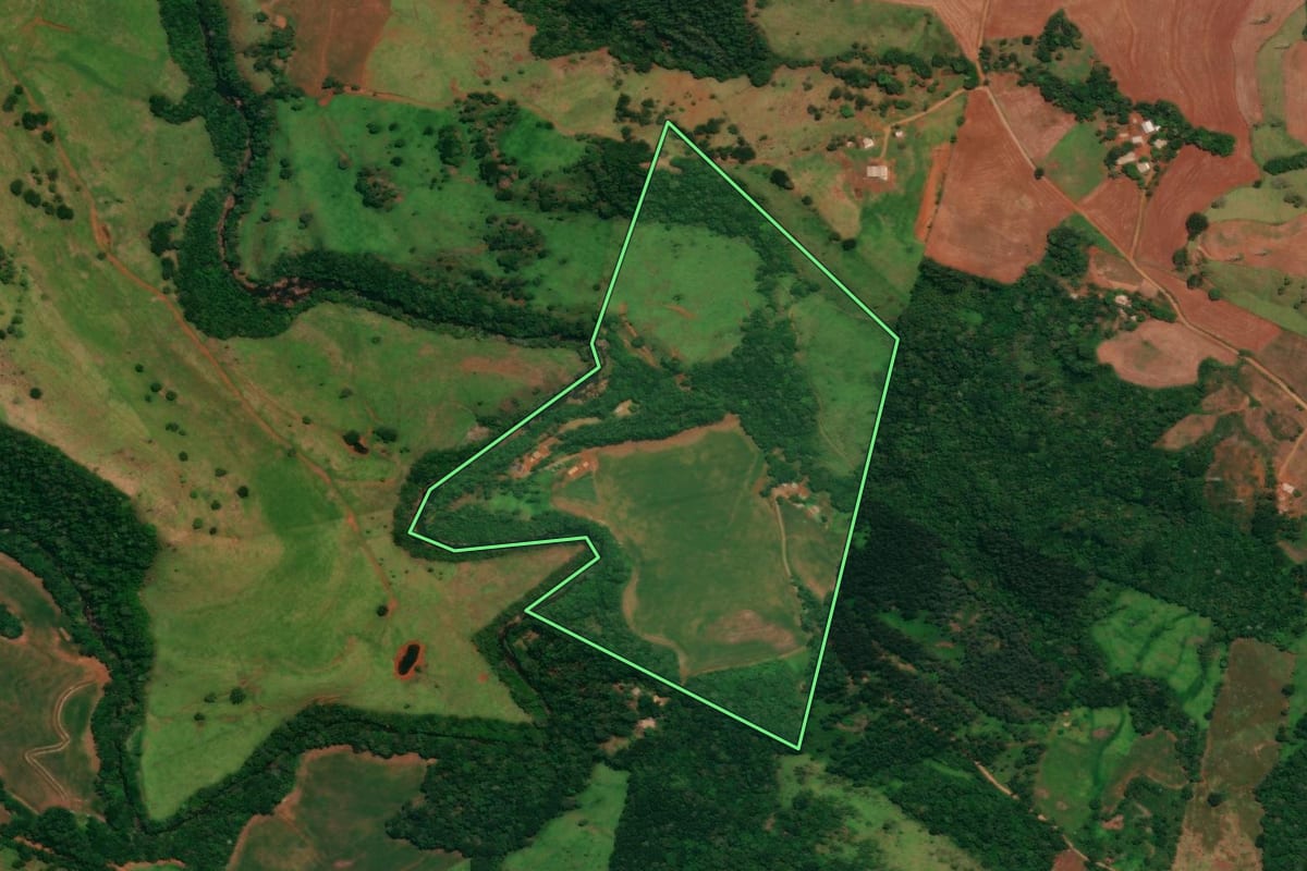 Imagem de satélite do imóvel rural em Guaraniaçu (PR), com o contorno declarado no CAR desenhado por cima.