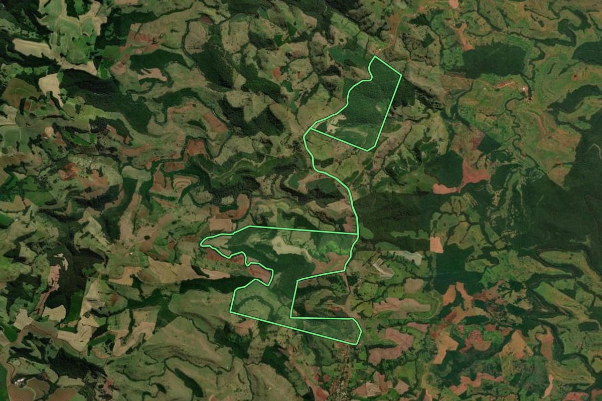 Imagem de satélite do imóvel rural em Guaraniaçu (PR), com o contorno declarado no CAR desenhado por cima.