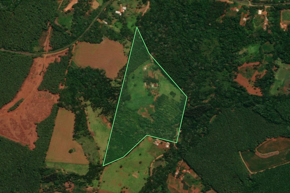Imagem de satélite do imóvel rural em Guaraniaçu (PR), com o contorno declarado no CAR desenhado por cima.