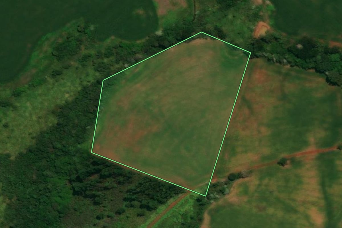 Imagem de satélite do imóvel rural em Guaraniaçu (PR), com o contorno declarado no CAR desenhado por cima.