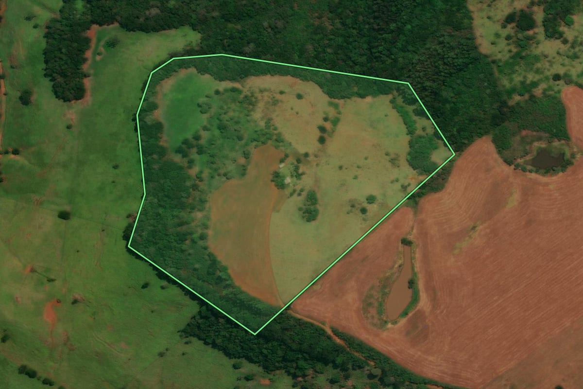 Imagem de satélite do imóvel rural em Guaraniaçu (PR), com o contorno declarado no CAR desenhado por cima.