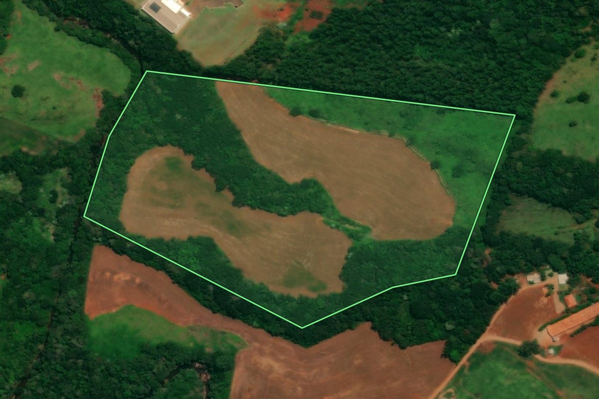 Imagem de satélite do imóvel rural em Guaraniaçu (PR), com o contorno declarado no CAR desenhado por cima.