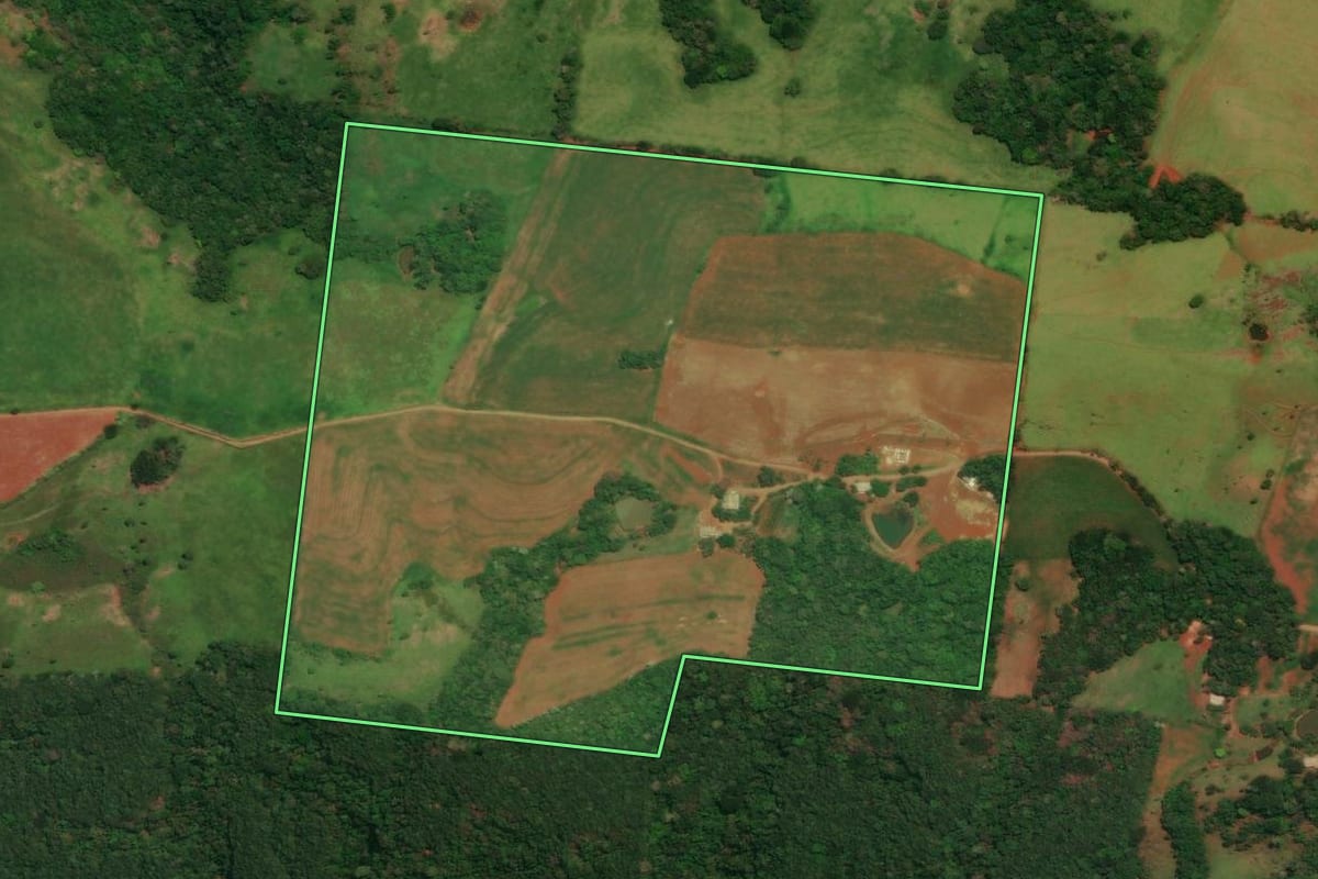 Imagem de satélite do imóvel rural em Guaraniaçu (PR), com o contorno declarado no CAR desenhado por cima.