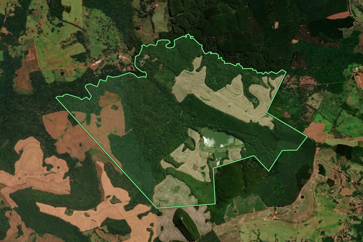 Imagem de satélite do imóvel rural em Guaraniaçu (PR), com o contorno declarado no CAR desenhado por cima.