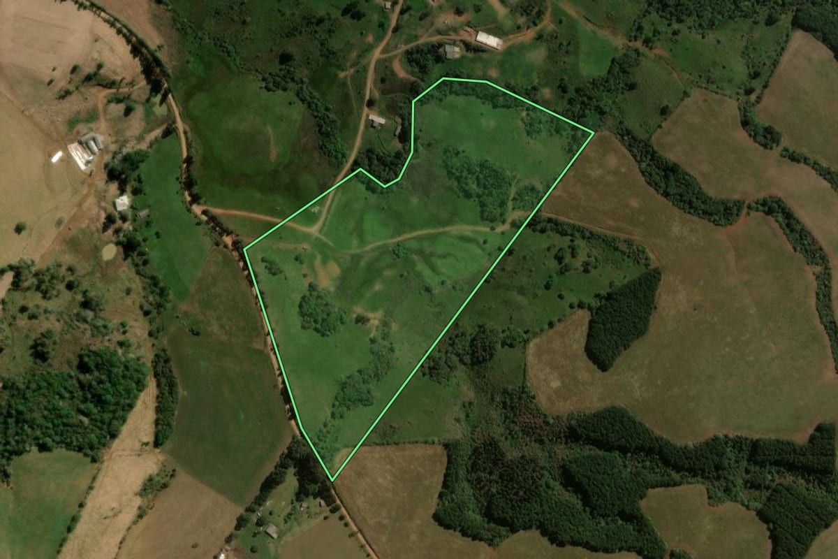 Imagem de satélite do imóvel rural em Guarapuava (PR), com o contorno declarado no CAR desenhado por cima.