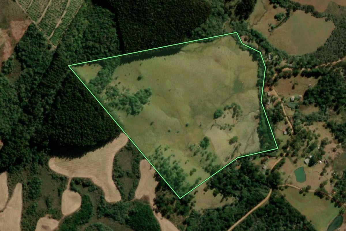 Imagem de satélite do imóvel rural em Guarapuava (PR), com o contorno declarado no CAR desenhado por cima.