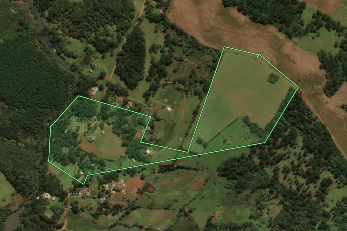 Imagem de satélite do imóvel rural em Guarapuava (PR), com o contorno declarado no CAR desenhado por cima.