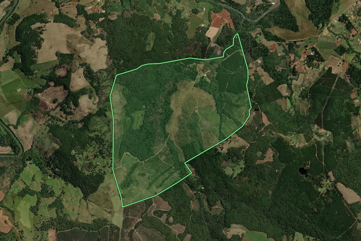Imagem de satélite do imóvel rural em Guarapuava (PR), com o contorno declarado no CAR desenhado por cima.