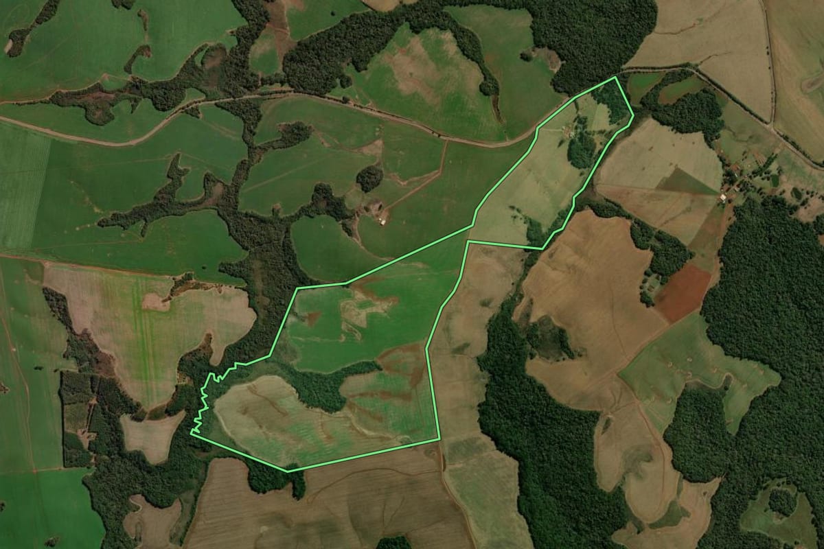 Imagem de satélite do imóvel rural em Guarapuava (PR), com o contorno declarado no CAR desenhado por cima.