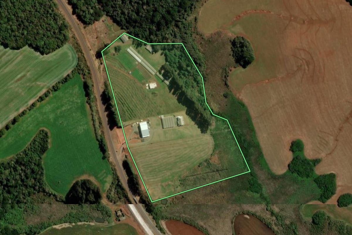 Imagem de satélite do imóvel rural em Guarapuava (PR), com o contorno declarado no CAR desenhado por cima.