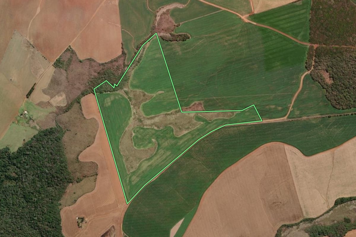 Imagem de satélite do imóvel rural em Guarapuava (PR), com o contorno declarado no CAR desenhado por cima.