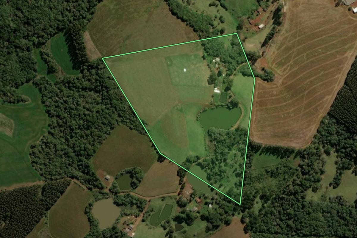 Imagem de satélite do imóvel rural em Guarapuava (PR), com o contorno declarado no CAR desenhado por cima.