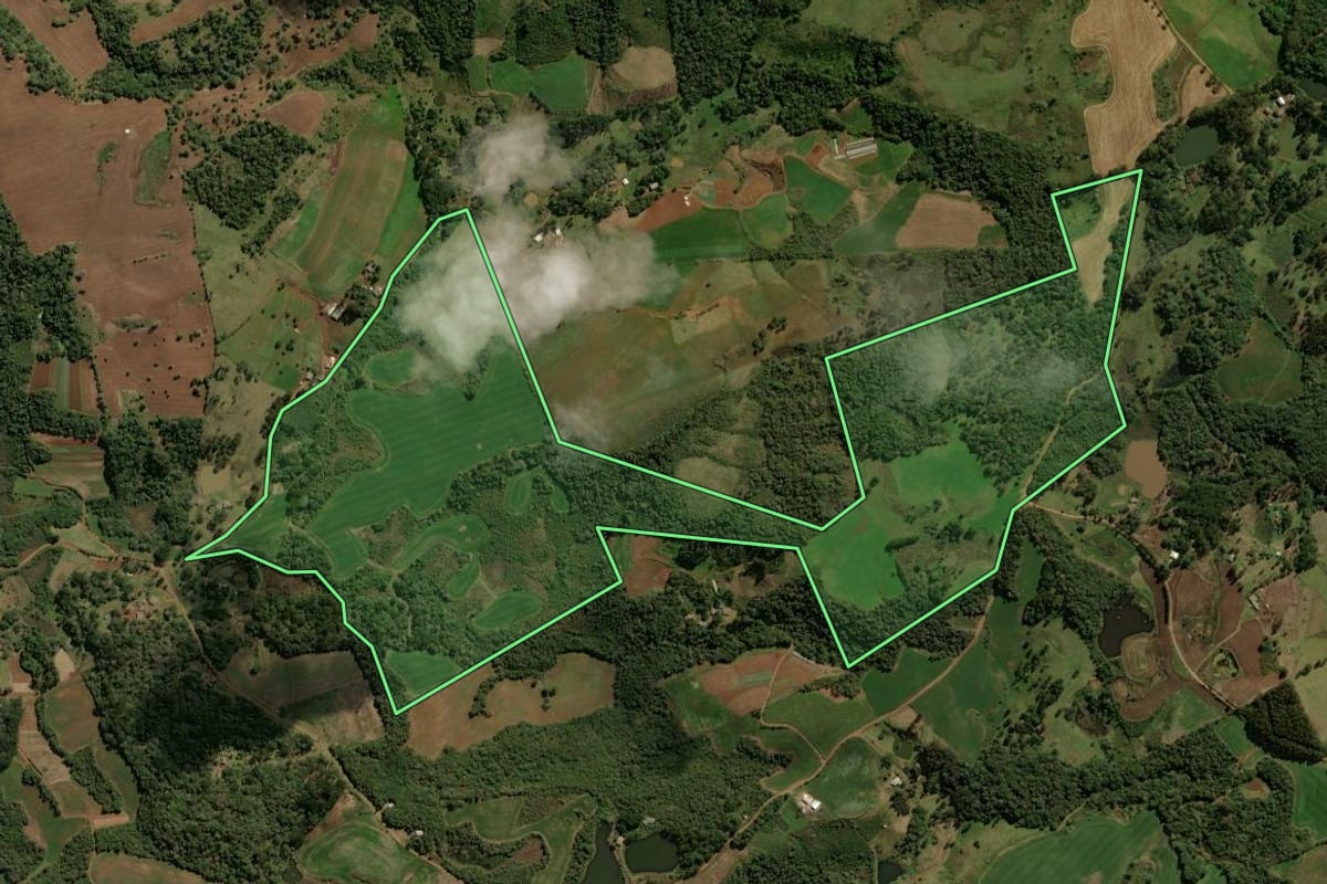 Imagem de satélite do imóvel rural em Guarapuava (PR), com o contorno declarado no CAR desenhado por cima.