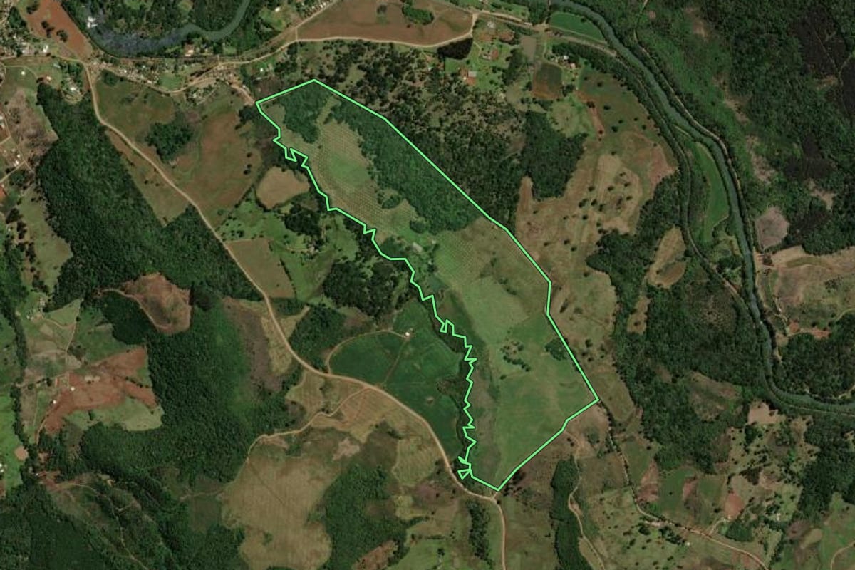 Imagem de satélite do imóvel rural em Guarapuava (PR), com o contorno declarado no CAR desenhado por cima.