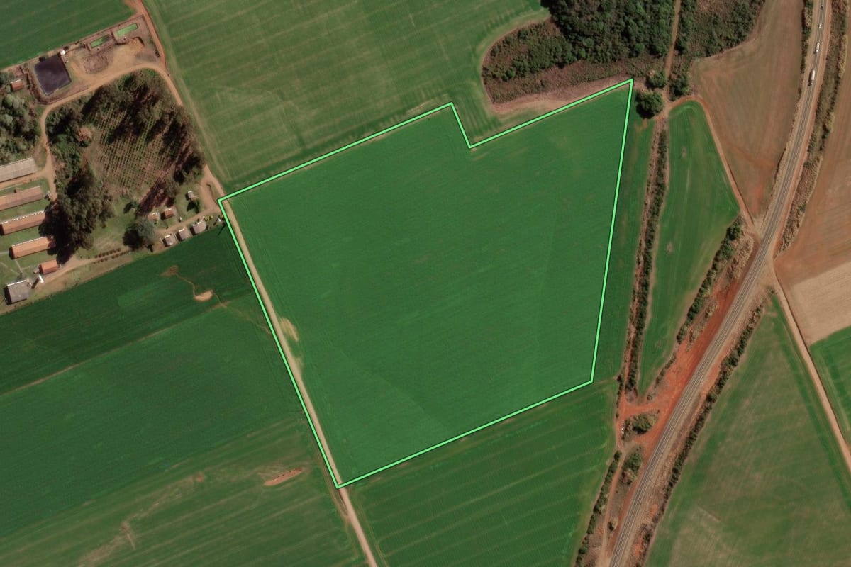 Imagem de satélite do imóvel rural em Guarapuava (PR), com o contorno declarado no CAR desenhado por cima.