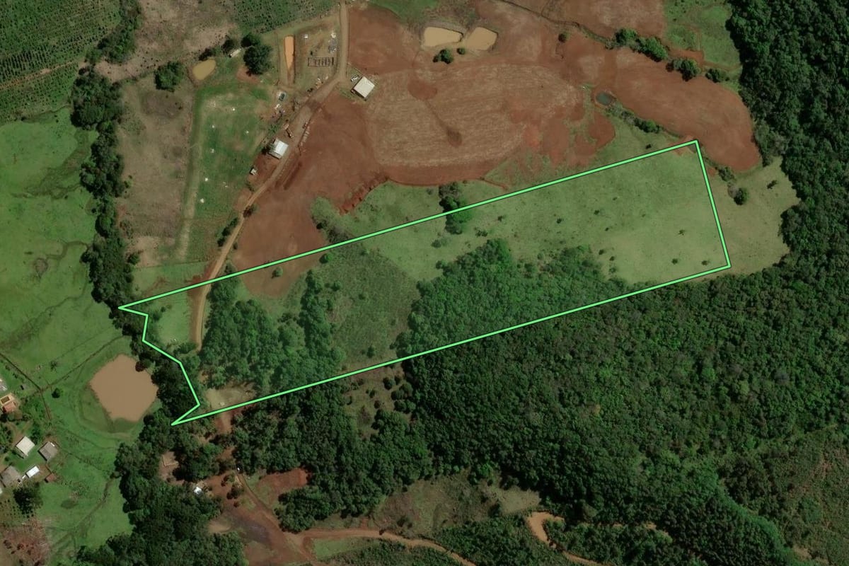 Imagem de satélite do imóvel rural em Guarapuava (PR), com o contorno declarado no CAR desenhado por cima.