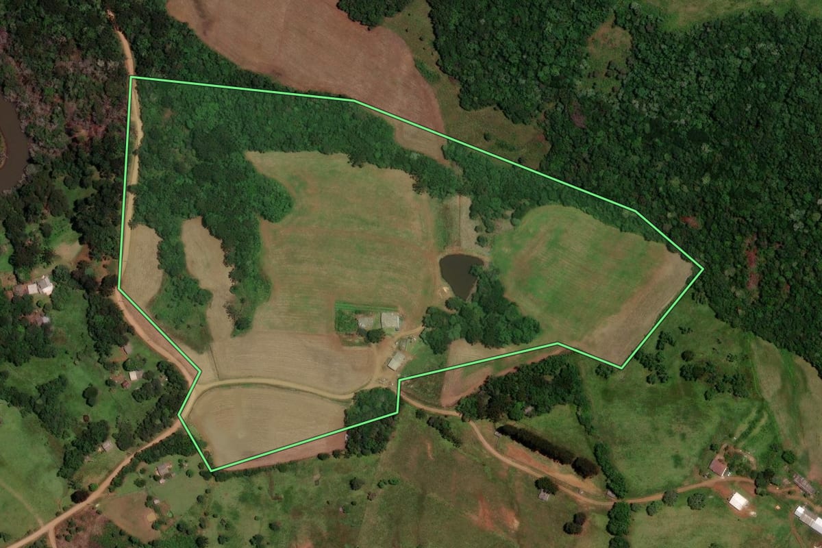 Imagem de satélite do imóvel rural em Guarapuava (PR), com o contorno declarado no CAR desenhado por cima.