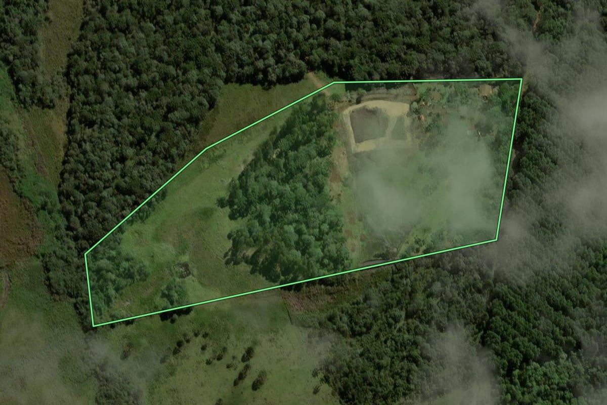 Imagem de satélite do imóvel rural em Guarapuava (PR), com o contorno declarado no CAR desenhado por cima.
