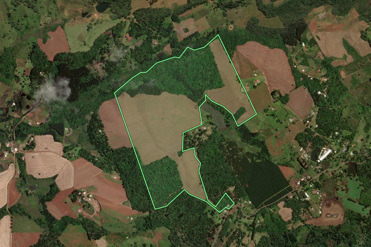 Imagem de satélite do imóvel rural em Guarapuava (PR), com o contorno declarado no CAR desenhado por cima.