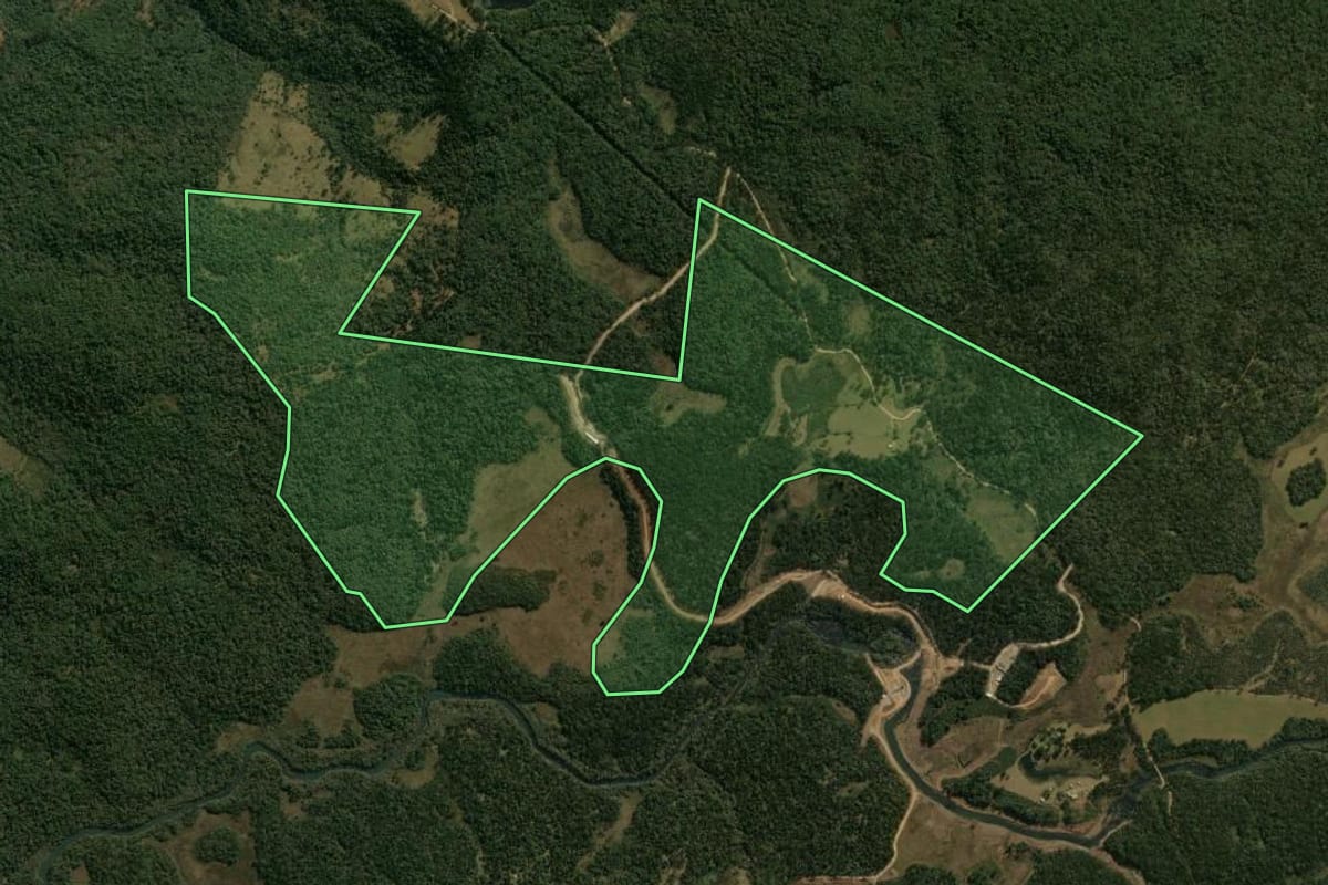 Imagem de satélite do imóvel rural em Guarapuava (PR), com o contorno declarado no CAR desenhado por cima.