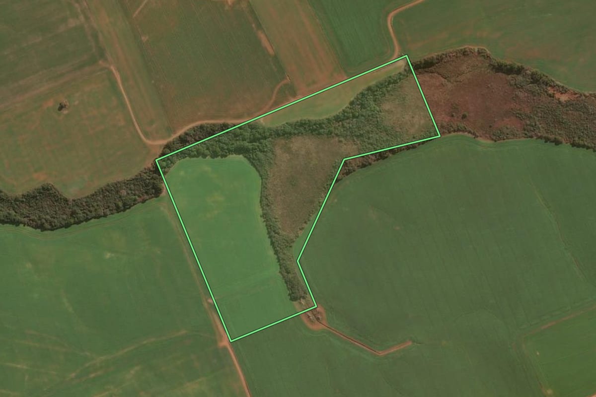 Imagem de satélite do imóvel rural em Guarapuava (PR), com o contorno declarado no CAR desenhado por cima.