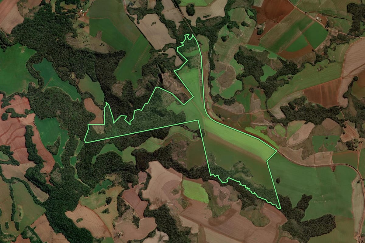 Imagem de satélite do imóvel rural em Guarapuava (PR), com o contorno declarado no CAR desenhado por cima.