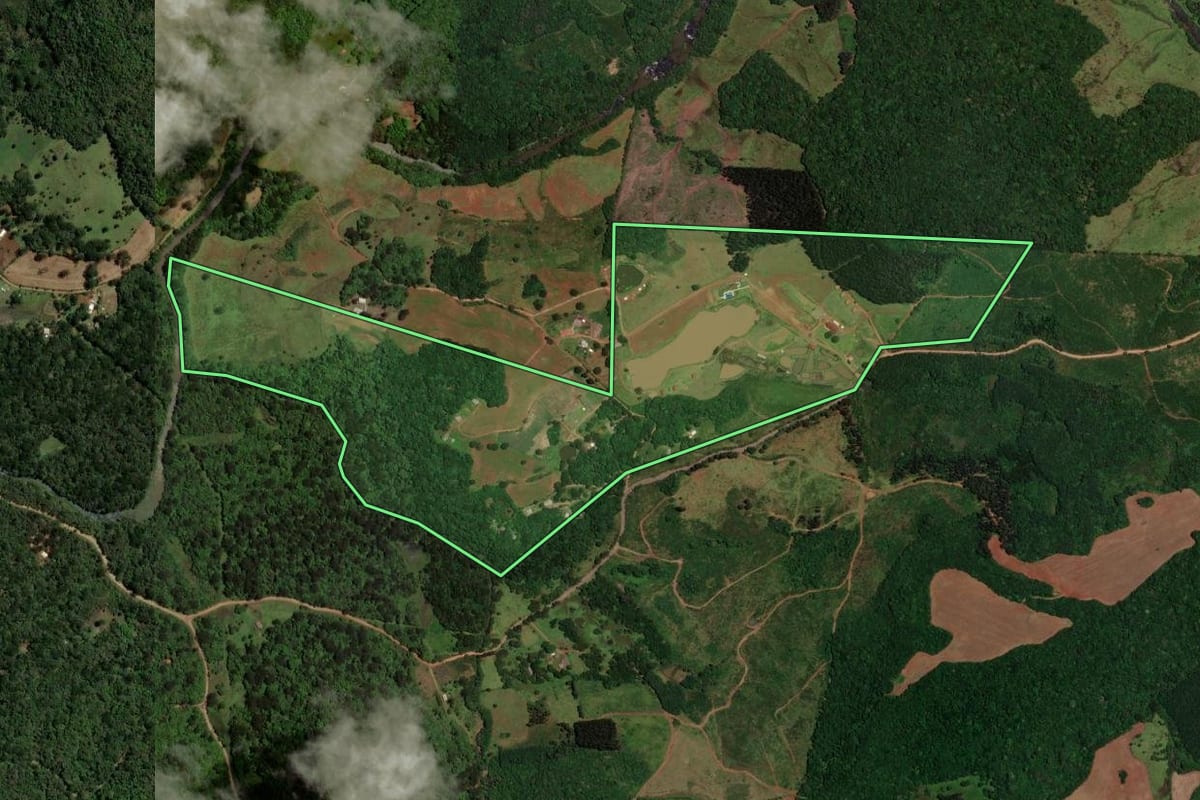 Imagem de satélite do imóvel rural em Guarapuava (PR), com o contorno declarado no CAR desenhado por cima.