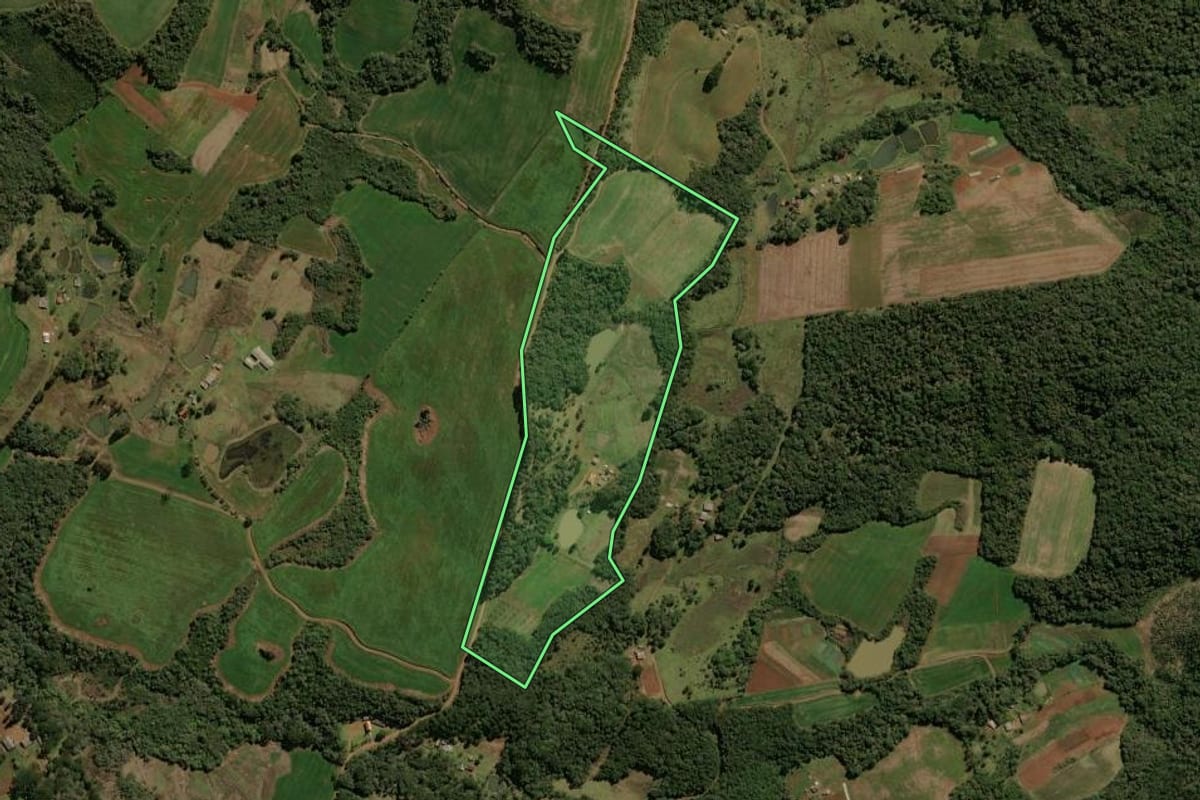 Imagem de satélite do imóvel rural em Guarapuava (PR), com o contorno declarado no CAR desenhado por cima.