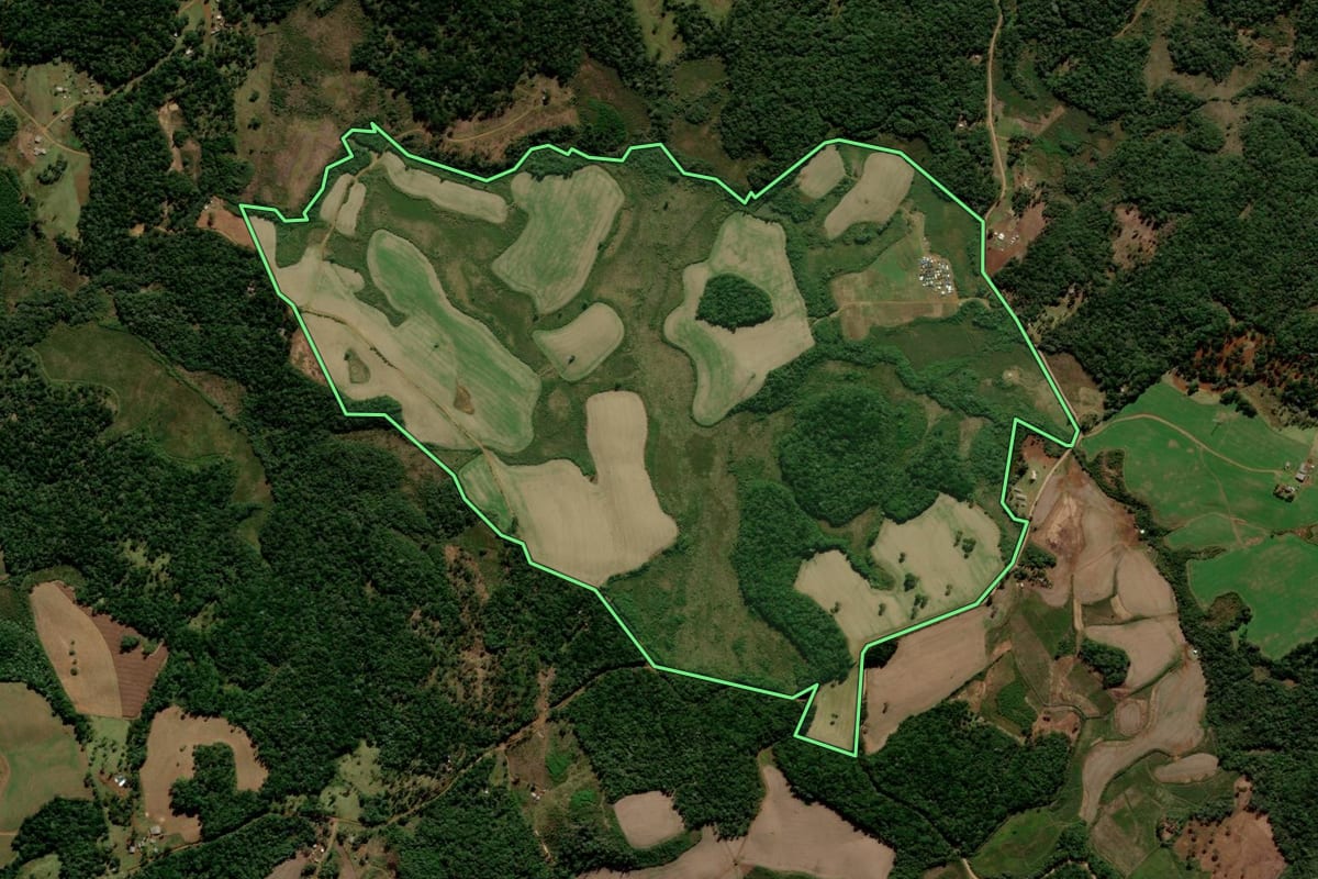 Imagem de satélite do imóvel rural em Guarapuava (PR), com o contorno declarado no CAR desenhado por cima.