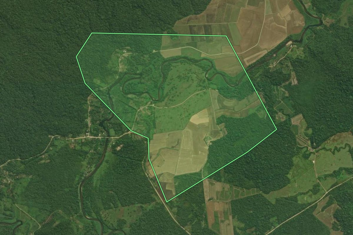 Imagem de satélite do imóvel rural em Guaraqueçaba (PR), com o contorno declarado no CAR desenhado por cima.