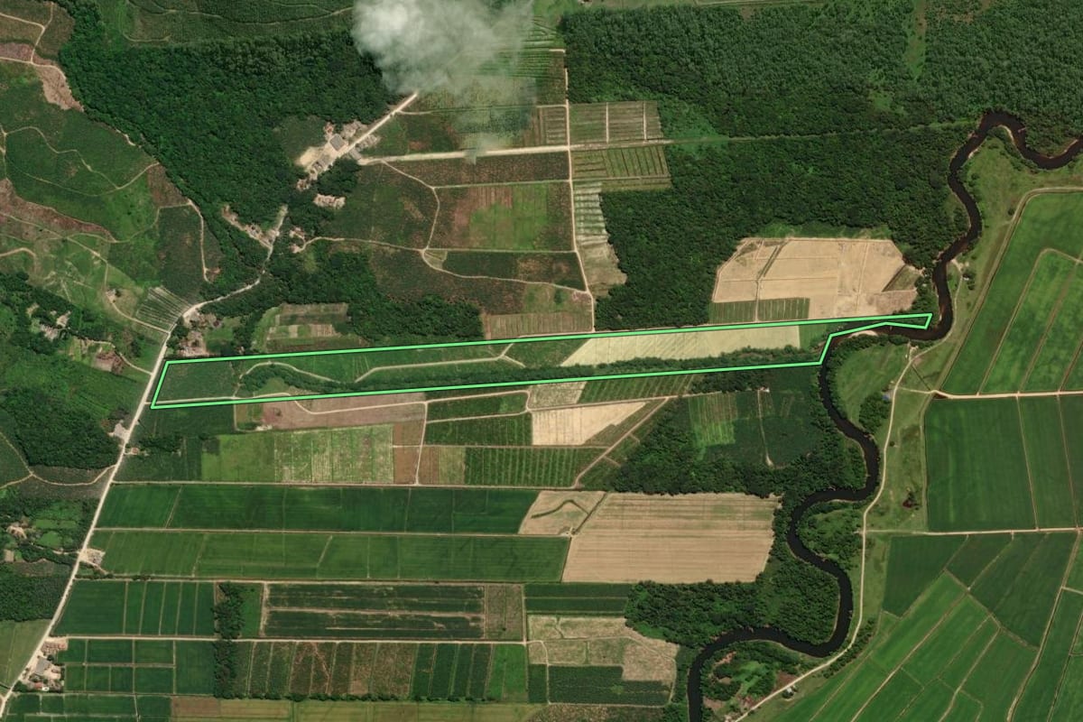 Imagem de satélite do imóvel rural em Guaratuba (PR), com o contorno declarado no CAR desenhado por cima.