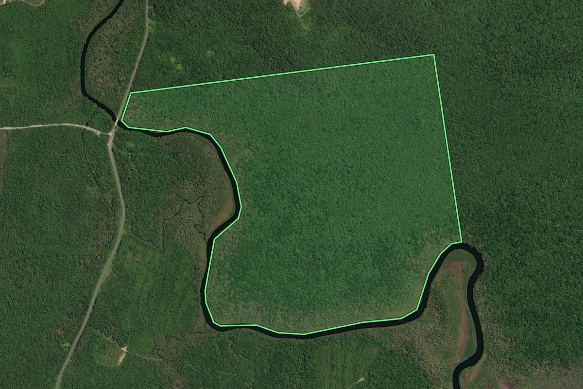 Imagem de satélite do imóvel rural em Guaratuba (PR), com o contorno declarado no CAR desenhado por cima.