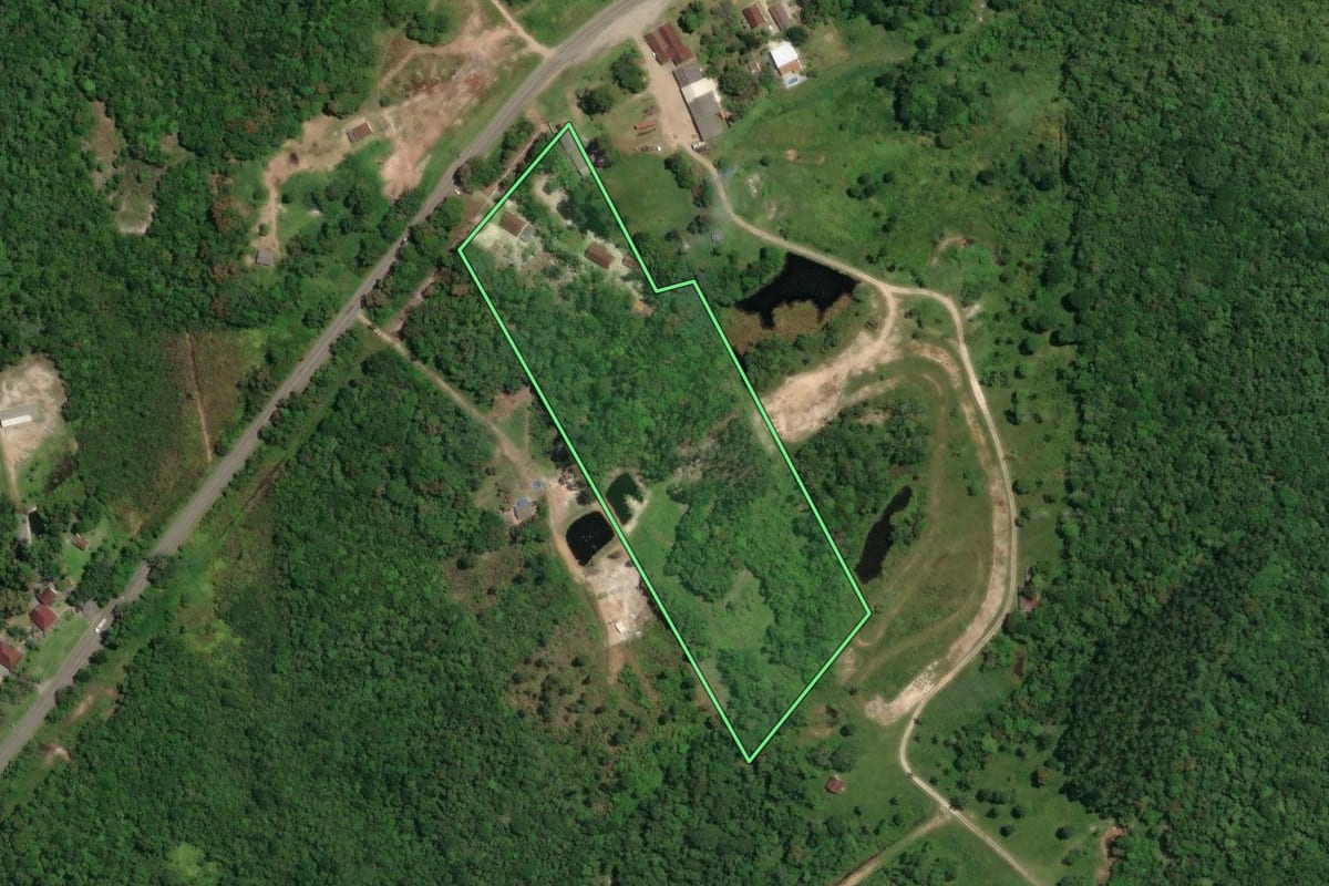 Imagem de satélite do imóvel rural em Guaratuba (PR), com o contorno declarado no CAR desenhado por cima.