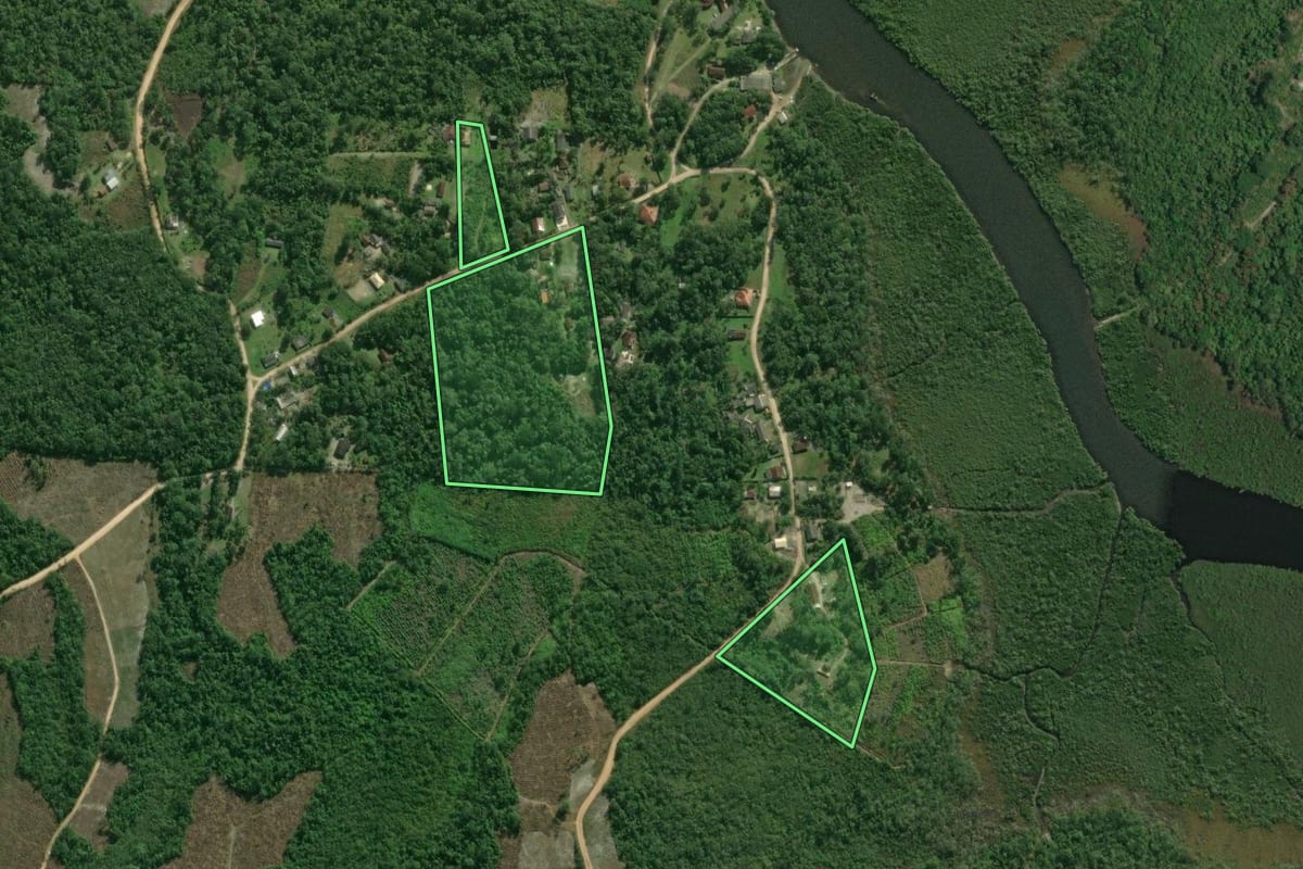 Imagem de satélite do imóvel rural em Guaratuba (PR), com o contorno declarado no CAR desenhado por cima.