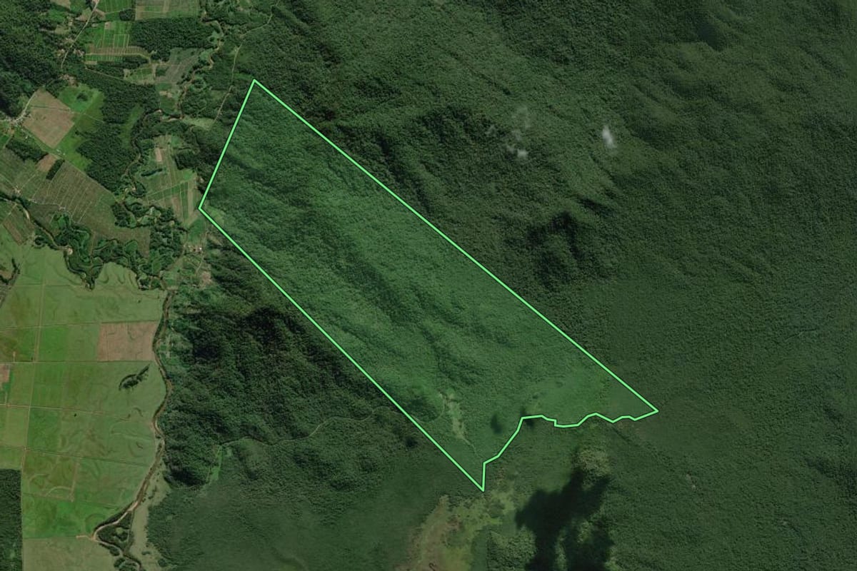 Imagem de satélite do imóvel rural em Guaratuba (PR), com o contorno declarado no CAR desenhado por cima.