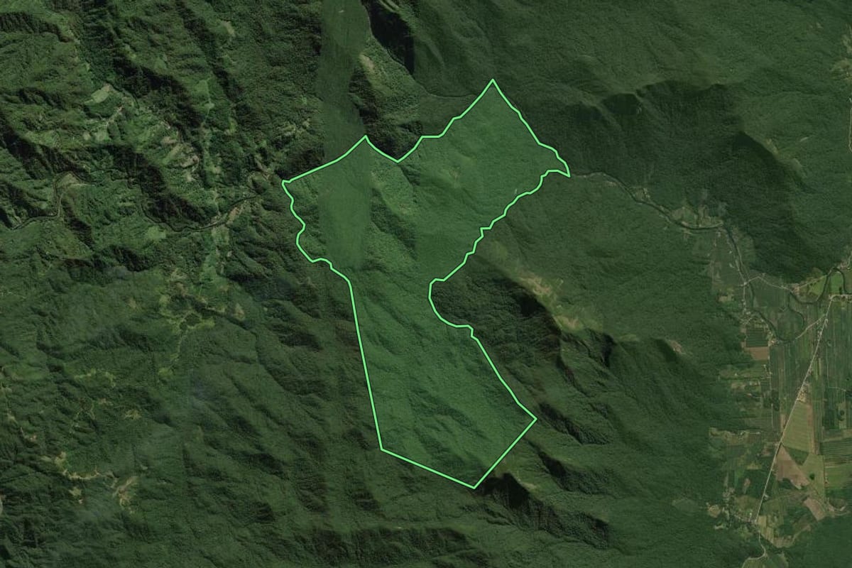 Imagem de satélite do imóvel rural em Guaratuba (PR), com o contorno declarado no CAR desenhado por cima.