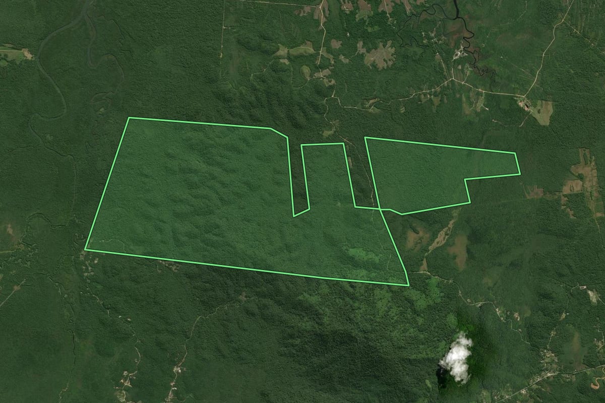 Imagem de satélite do imóvel rural em Guaratuba (PR), com o contorno declarado no CAR desenhado por cima.