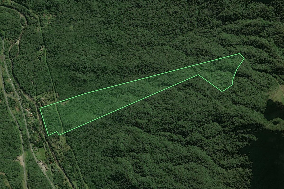 Imagem de satélite do imóvel rural em Guaratuba (PR), com o contorno declarado no CAR desenhado por cima.