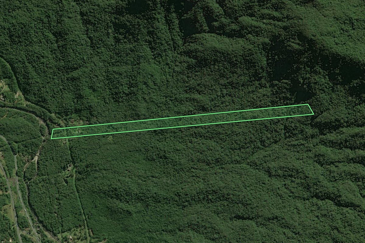 Imagem de satélite do imóvel rural em Guaratuba (PR), com o contorno declarado no CAR desenhado por cima.