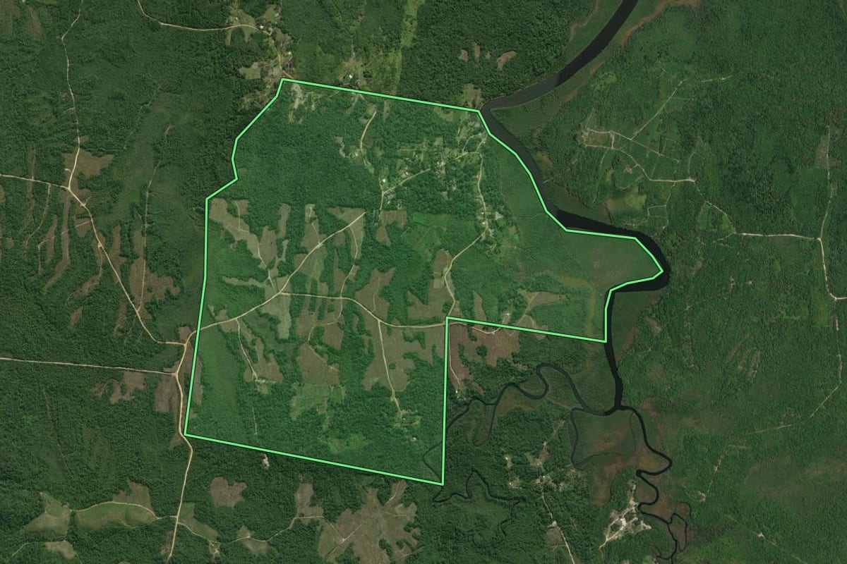 Imagem de satélite do imóvel rural em Guaratuba (PR), com o contorno declarado no CAR desenhado por cima.