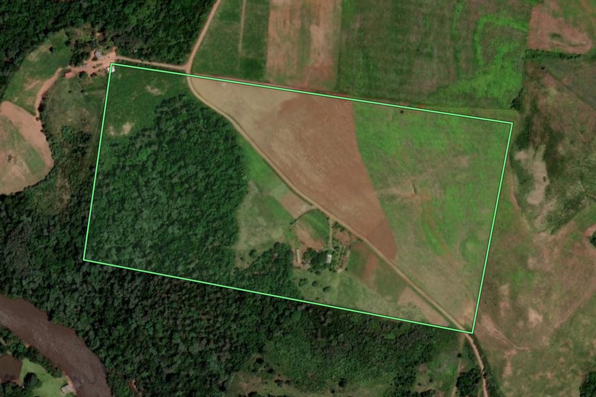 Imagem de satélite do imóvel rural em Honório Serpa (PR), com o contorno declarado no CAR desenhado por cima.