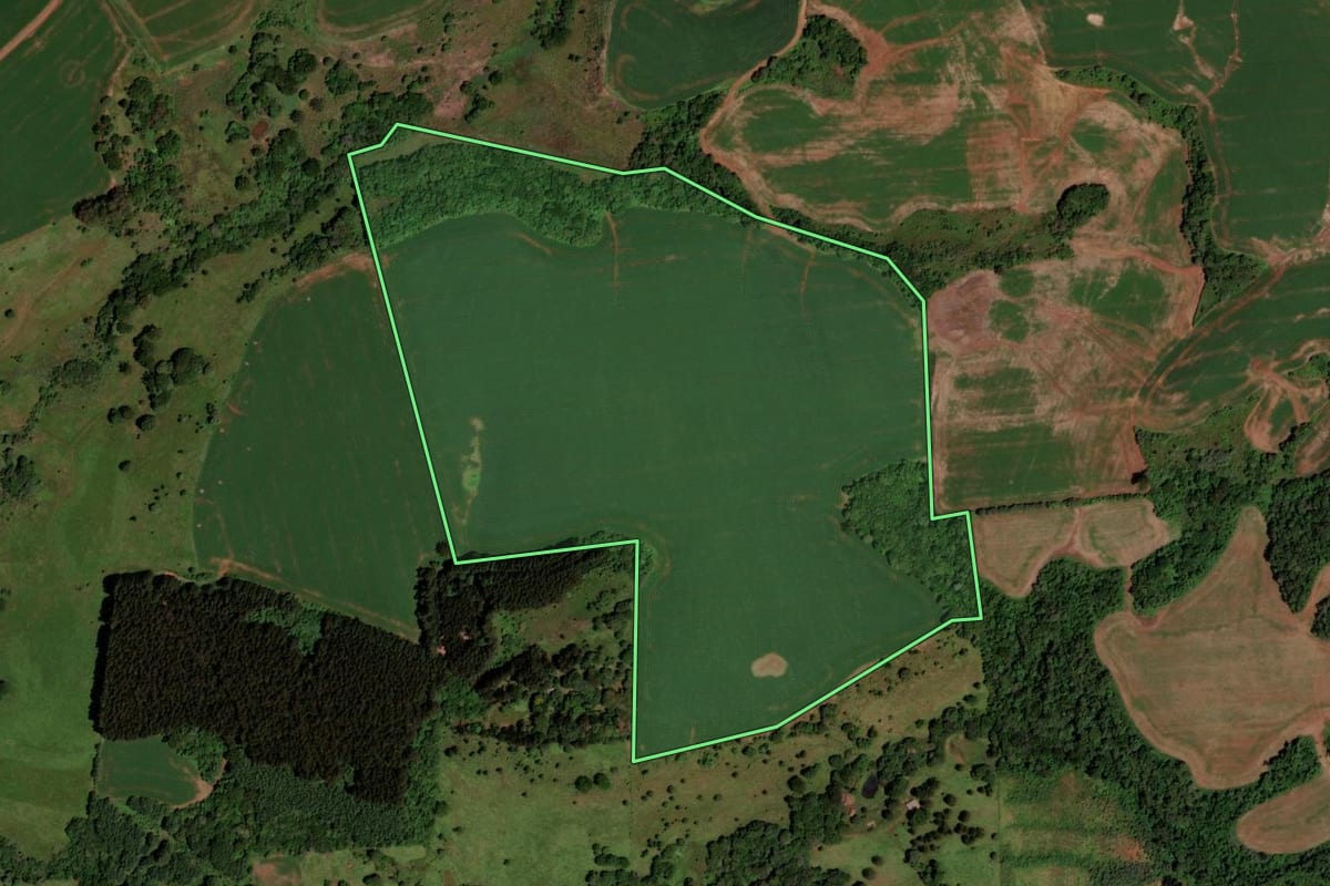 Imagem de satélite do imóvel rural em Honório Serpa (PR), com o contorno declarado no CAR desenhado por cima.